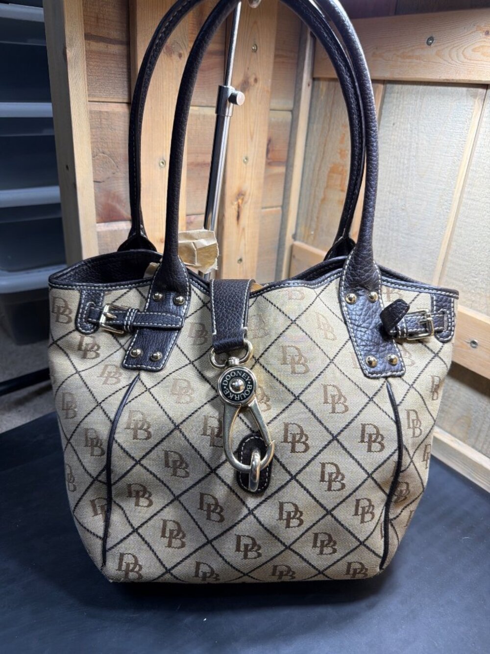 Dooney & Bourke Signature DB Monogram Tan Brown Leather Trim Tote Bag Women's